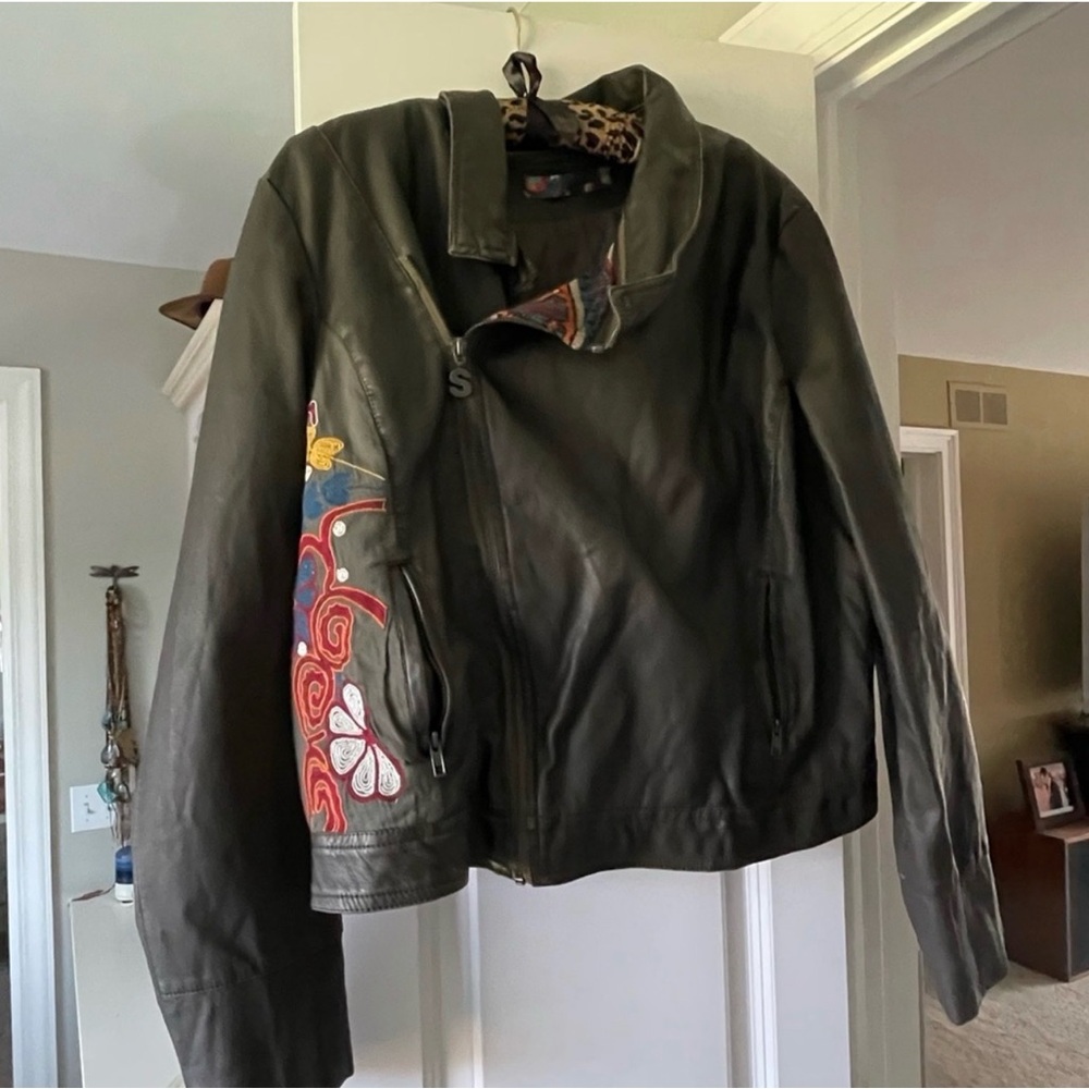 Desigual Black Leather Jacket with Colorful Embroidered Sleeve Panel